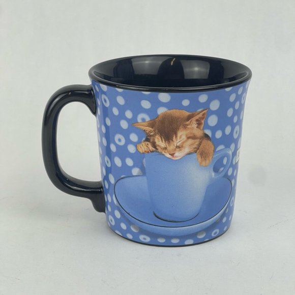 Keith Kimberlin Kitten Sleeping in Cup Coffee Tea Mug Blue Polka Dot - Picture 5 of 9